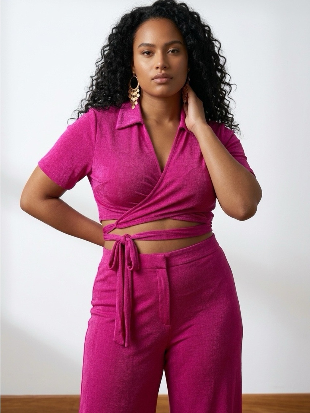 SHEIN Hot Pink Collared Wrap Crop Top